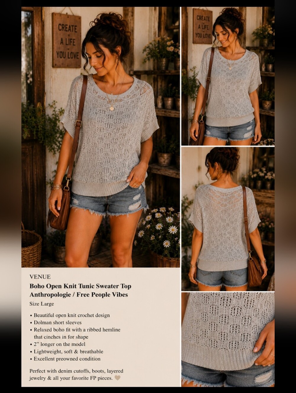 Venue Boho Open Knit Tunic Sweater Top Anthropologie Free People Vibes Size L